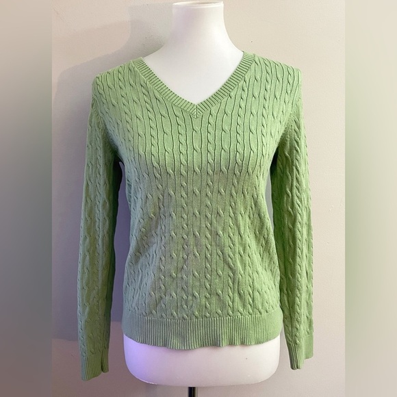 Charter Club Cotton V-neck Cable Knit Light Green Sweater Fall Preppy Classic - Picture 1 of 6